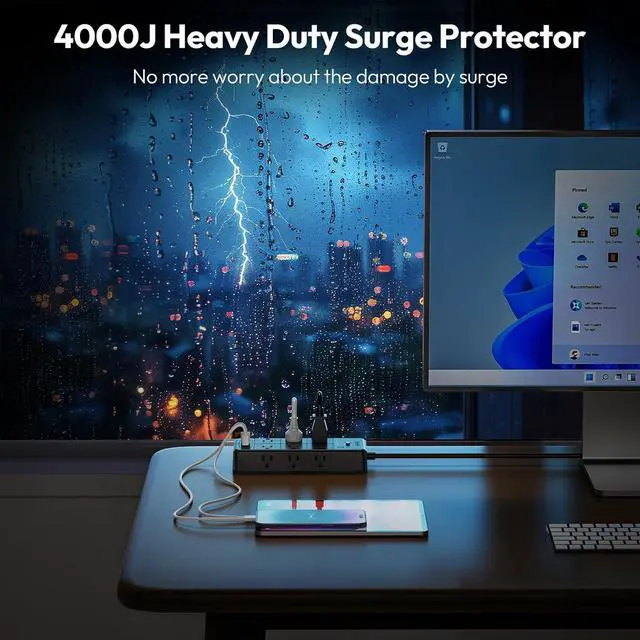 Alt view image 2 of 7 - Surge Protector Extension Cord 15FT, NTONPOWER 4000J Surge Protector Power Strip with 12 Outlets & 4 USB Ports (2 USB C), 3 Side Outlet Extender, Wall Mounted Extension Cord for Home Office