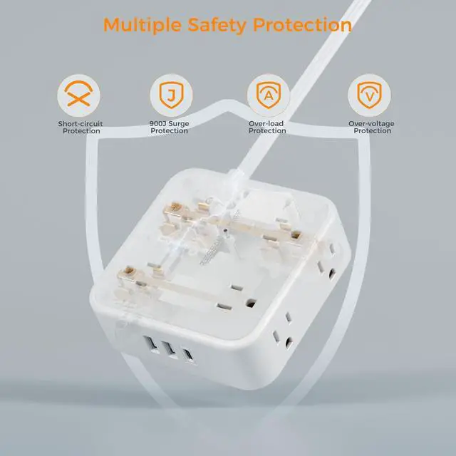 Alt view image 5 of 6 - Flat Plug Long Extension Cord 25 Ft, TESSAN Power Strip Surge Protector with 8 Outlets 3 USB Ports (1 USB C), 900J Protection Desktop Charging Station for Home, Office, Dorm Room Essentials