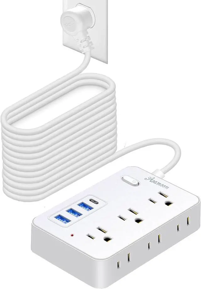 Main image of 20 FT Extension Cord with Multiple Outlets, Asamoom 20 ft Surge Protector Power Strip with 6 Outlets with 4 USB Ports(1 USB C)Flat Plug with Long Cord 1700 Joules Protection for Home Office White