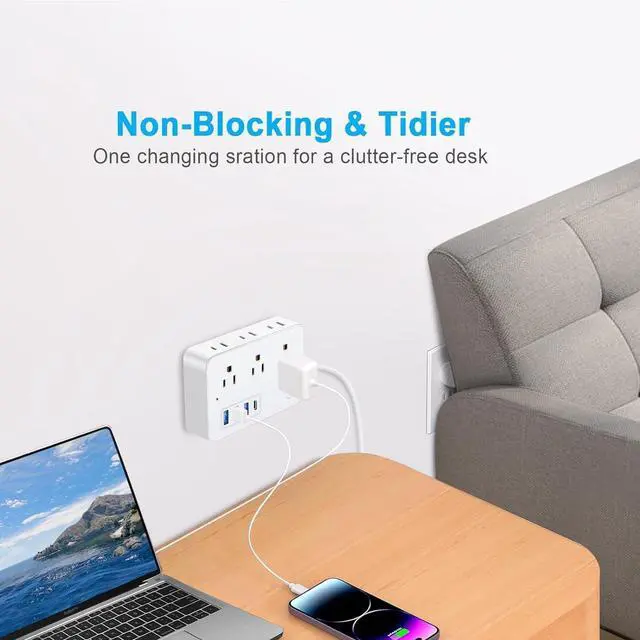 Alt view image 2 of 7 - 20 FT Extension Cord with Multiple Outlets, Asamoom 20 ft Surge Protector Power Strip with 6 Outlets with 4 USB Ports(1 USB C)Flat Plug with Long Cord 1700 Joules Protection for Home Office White