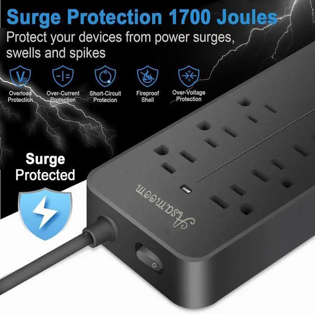 Alt view image 5 of 7 - 15FT Surge Protector Power Strip Extension Cord with USB C, Asamoom Flat Plug Power Strip with Long Cord, 8 Outlets and 3 USB A & 1 USB-C Port,1700J Wall Mount Desk Multiple Outlets Black