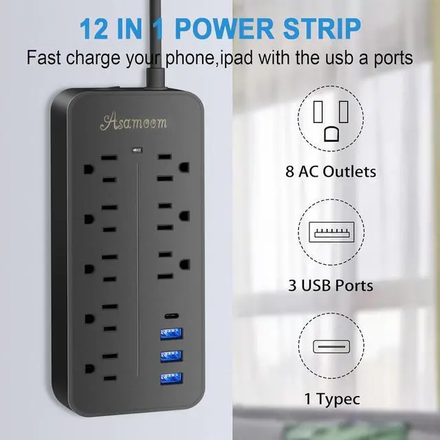 Alt view image 7 of 7 - 15FT Surge Protector Power Strip Extension Cord with USB C, Asamoom Flat Plug Power Strip with Long Cord, 8 Outlets and 3 USB A & 1 USB-C Port,1700J Wall Mount Desk Multiple Outlets Black