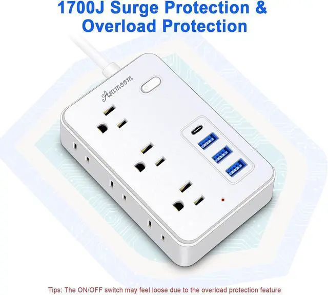 Alt view image 4 of 7 - 20 FT Extension Cord with Multiple Outlets, Asamoom 20 ft Surge Protector Power Strip with 6 Outlets with 4 USB Ports(1 USB C)Flat Plug with Long Cord 1700 Joules Protection for Home Office White