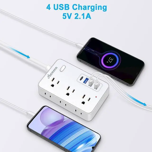 Alt view image 5 of 7 - 20 FT Extension Cord with Multiple Outlets, Asamoom 20 ft Surge Protector Power Strip with 6 Outlets with 4 USB Ports(1 USB C)Flat Plug with Long Cord 1700 Joules Protection for Home Office White