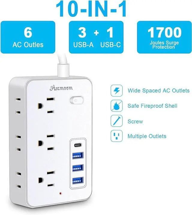 Alt view image 7 of 7 - 20 FT Extension Cord with Multiple Outlets, Asamoom 20 ft Surge Protector Power Strip with 6 Outlets with 4 USB Ports(1 USB C)Flat Plug with Long Cord 1700 Joules Protection for Home Office White