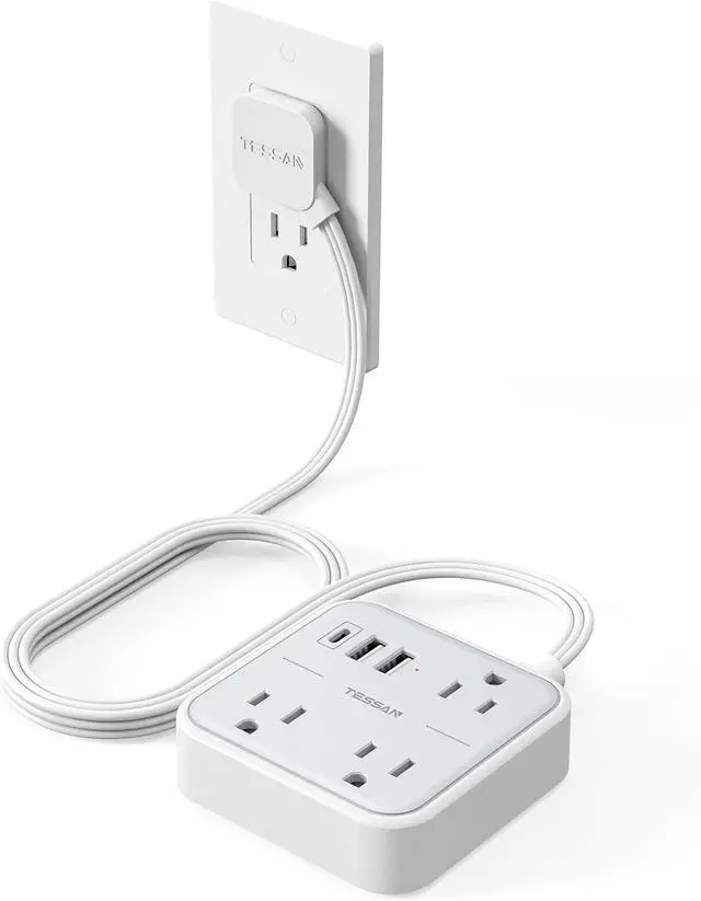 Main image of Ultra Thin Flat Extension Cord 5 FT, TESSAN Slim Power Strip with USB Ports (1 USB C), Surge Protector Flat Plug Wall Charger with 3 Outlets for Office, School, Dorm Room Essentials
