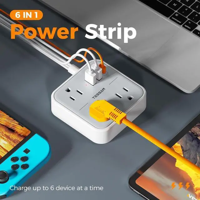 Alt view image 2 of 7 - Extension Cord Flat Long Power Strip 15 FT, TESSAN Surge Protector Power Strip with USB Ports (1 USB C), Flat Wall Outlet Extender with 3 Outlets for Home, Office, School, Dorm Room Essentials
