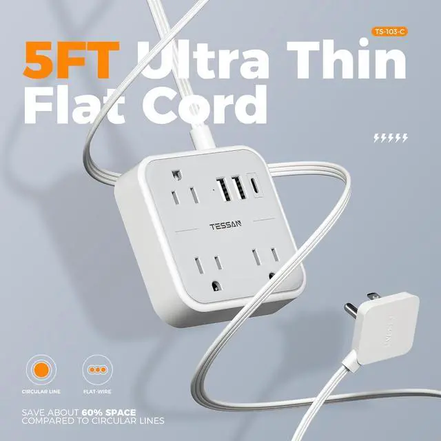 Alt view image 4 of 7 - Ultra Thin Flat Extension Cord 5 FT, TESSAN Slim Power Strip with USB Ports (1 USB C), Surge Protector Flat Plug Wall Charger with 3 Outlets for Office, School, Dorm Room Essentials