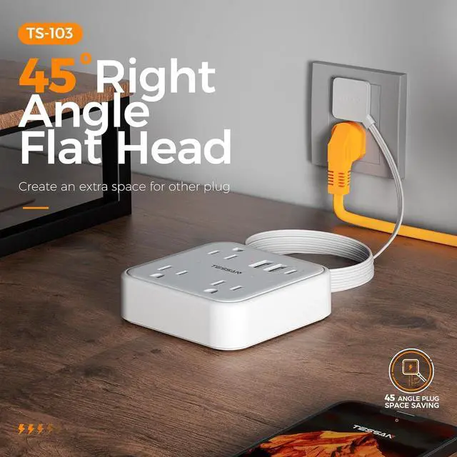 Alt view image 6 of 7 - Extension Cord Flat Long Power Strip 15 FT, TESSAN Surge Protector Power Strip with USB Ports (1 USB C), Flat Wall Outlet Extender with 3 Outlets for Home, Office, School, Dorm Room Essentials