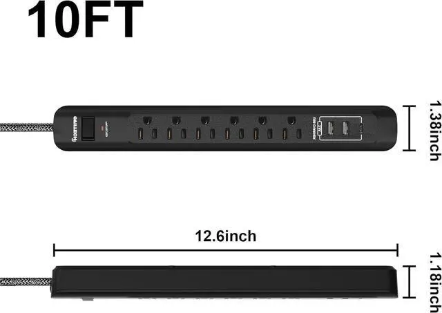 Alt view image 3 of 7 - 2 Pack Power Strip Surge Protector with USB Port, 6 AC Outlets with 3 USB Port(2 USB-A,1 USB-C) and 10FT Extension Cord Flat Plug for Home, Office, Travel, Wall Mount, Black, ETL Listed