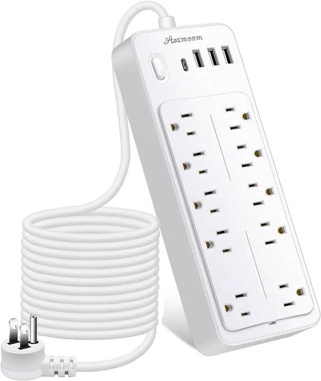 Main image of 15 FT Power Strips with Surge Protection 1625W/13A,10 Outlets with 4 USB Ports (1 USB C) Long Extension Cord with Multiple Outlets 16Awag 1700J Flat Plug Power Strip Protector White,ETL Listed
