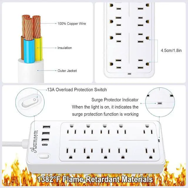Alt view image 2 of 6 - 15 FT Power Strips with Surge Protection 1625W/13A,10 Outlets with 4 USB Ports (1 USB C) Long Extension Cord with Multiple Outlets 16Awag 1700J Flat Plug Power Strip Protector White,ETL Listed