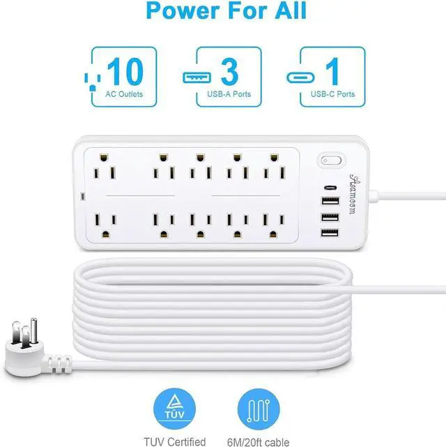 Alt view image 5 of 6 - 15 FT Power Strips with Surge Protection 1625W/13A,10 Outlets with 4 USB Ports (1 USB C) Long Extension Cord with Multiple Outlets 16Awag 1700J Flat Plug Power Strip Protector White,ETL Listed