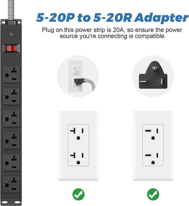 Alt view image 3 of 7 - HEZI 20 Amp Power Strip with 5-20P/T- Plug, Heavy Duty High Amp Metal Surge Protector, Mountable Industrial Power Strip with 6AC Outlets(5-20R) and Circuit Breaker, 6FT 12AWG Extension Cord