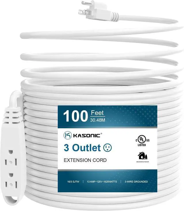 Main image of K KASONIC - 100-Feet 3 Outlet Extension Cord, UL Listed, 16/3 SJTW 3-Wire Grounded, 10 Amp 125 V 1625 Watts, Multi-Outlet Indoor/Outdoor Use, White