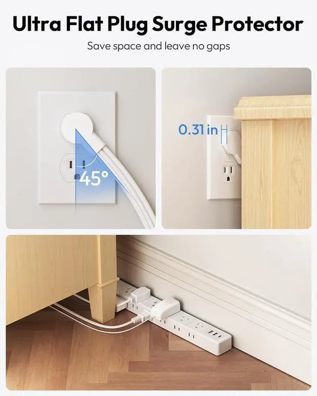 Alt view image 5 of 7 - 25 FT Flat Extension Cord with 12 AC Outlets with 3 USB Ports (1 USB C), 1875W 15A 14 Gauge 3 Prong, 1080J Long Surge Protector Power Strip, On-Off Switch, Mountable for Home Office Garage Workshop