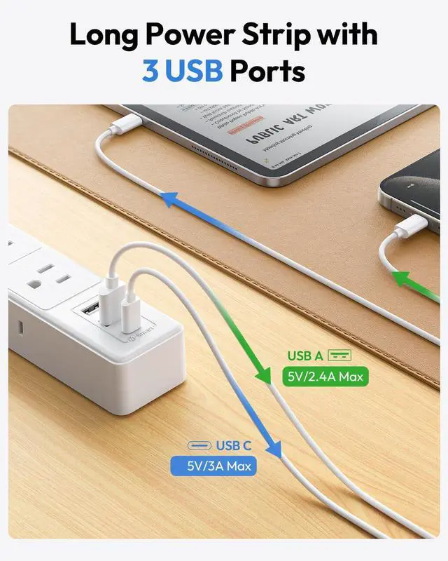 Alt view image 6 of 7 - 25 FT Flat Extension Cord with 12 AC Outlets with 3 USB Ports (1 USB C), 1875W 15A 14 Gauge 3 Prong, 1080J Long Surge Protector Power Strip, On-Off Switch, Mountable for Home Office Garage Workshop