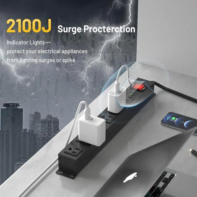 Alt view image 3 of 7 - KF Matel 6 Outlet Power Strip Surge Protection 2100J, Heavy Duty Wide Space Power Strip with Flat Plug, 14AWG 6FT Extension Cord for Home, Garage, Shop