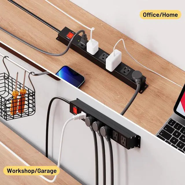 Alt view image 7 of 7 - KF Matel 6 Outlet Power Strip Surge Protection 2100J, Heavy Duty Wide Space Power Strip with Flat Plug, 14AWG 6FT Extension Cord for Home, Garage, Shop