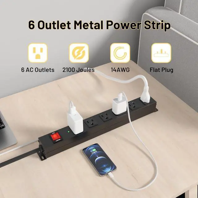 Alt view image 4 of 7 - KF Matel 6 Outlet Power Strip Surge Protection 2100J, Heavy Duty Wide Space Power Strip with Flat Plug, 14AWG 6FT Extension Cord for Home, Garage, Shop