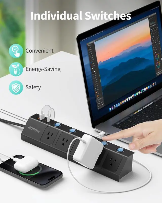 Alt view image 2 of 6 - Flat Plug Power Strip with Individual Switches, 10 Ft Ultra Thin Flat Extension Cord, 5-Outlet Surge Protector with 2 USB-C (20W PD) & 2 USB-A, 1700 Joules, Wall Mount for Home Office, Black