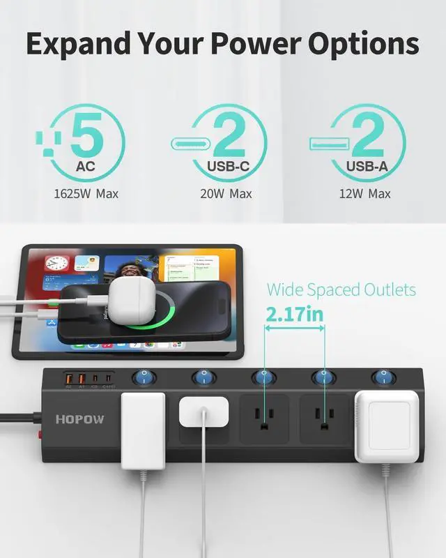 Alt view image 3 of 6 - Flat Plug Power Strip with Individual Switches, 10 Ft Ultra Thin Flat Extension Cord, 5-Outlet Surge Protector with 2 USB-C (20W PD) & 2 USB-A, 1700 Joules, Wall Mount for Home Office, Black
