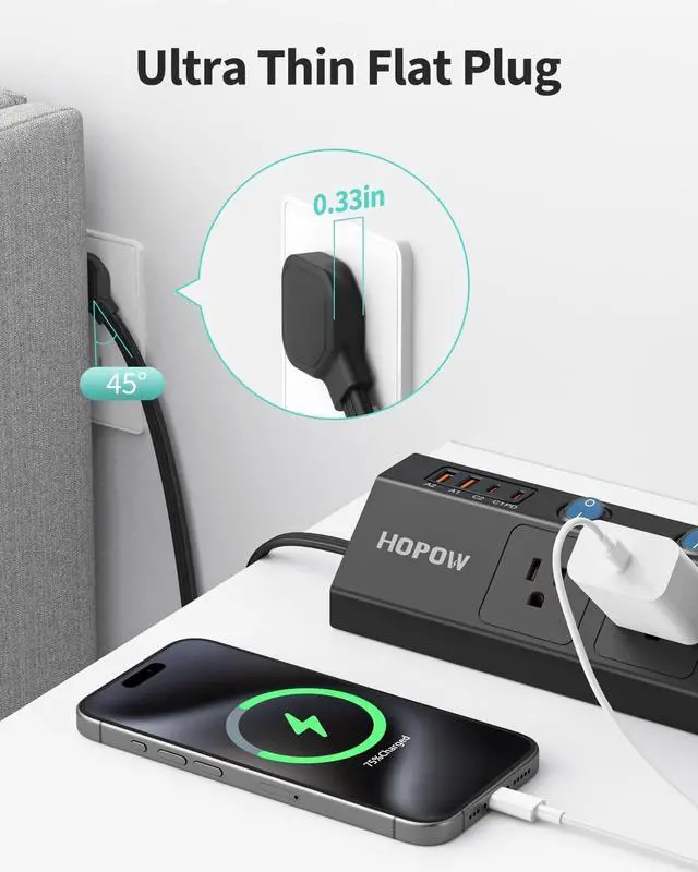 Alt view image 4 of 6 - Flat Plug Power Strip with Individual Switches, 10 Ft Ultra Thin Flat Extension Cord, 5-Outlet Surge Protector with 2 USB-C (20W PD) & 2 USB-A, 1700 Joules, Wall Mount for Home Office, Black