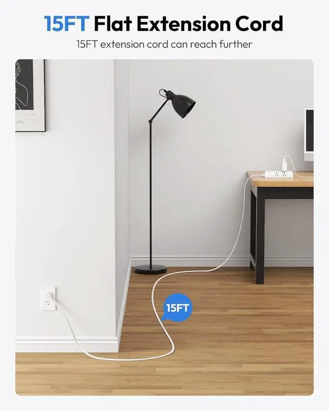 Alt view image 2 of 7 - NTONPOWER Flat Plug Power Strip, 15 ft Extension Cord Surge Protector, 6 Widely AC Outlets with 3 USB Ports(1 USB C), Wall Mount, 3-Side Surge Protector Power Strip(1080J), Compact for Small Spaces