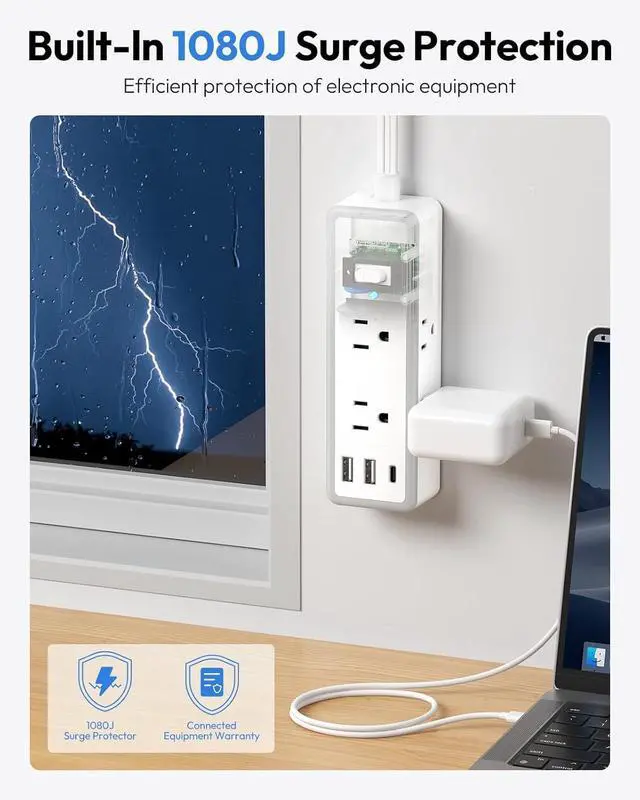 Alt view image 3 of 7 - NTONPOWER Flat Plug Power Strip, 15 ft Extension Cord Surge Protector, 6 Widely AC Outlets with 3 USB Ports(1 USB C), Wall Mount, 3-Side Surge Protector Power Strip(1080J), Compact for Small Spaces