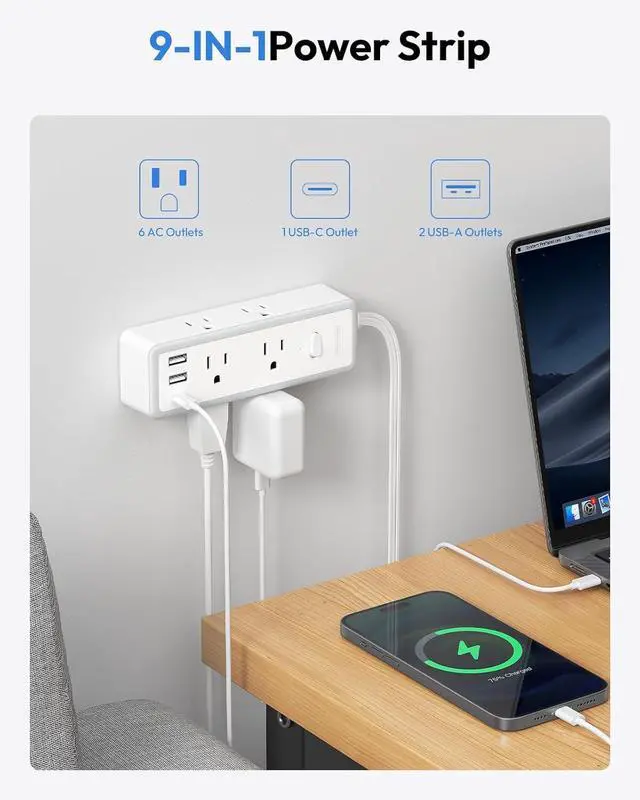 Alt view image 5 of 7 - NTONPOWER Flat Plug Power Strip, 15 ft Extension Cord Surge Protector, 6 Widely AC Outlets with 3 USB Ports(1 USB C), Wall Mount, 3-Side Surge Protector Power Strip(1080J), Compact for Small Spaces