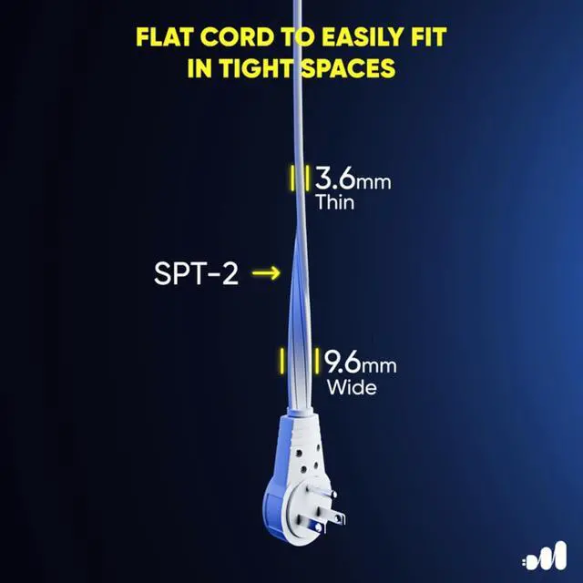 Alt view image 2 of 7 - Maximm 360° Rotating Flat Plug Extension Cord 10 feet Under Carpet with Slim Space-Saving Plug Design, Low Profile Cord (White)