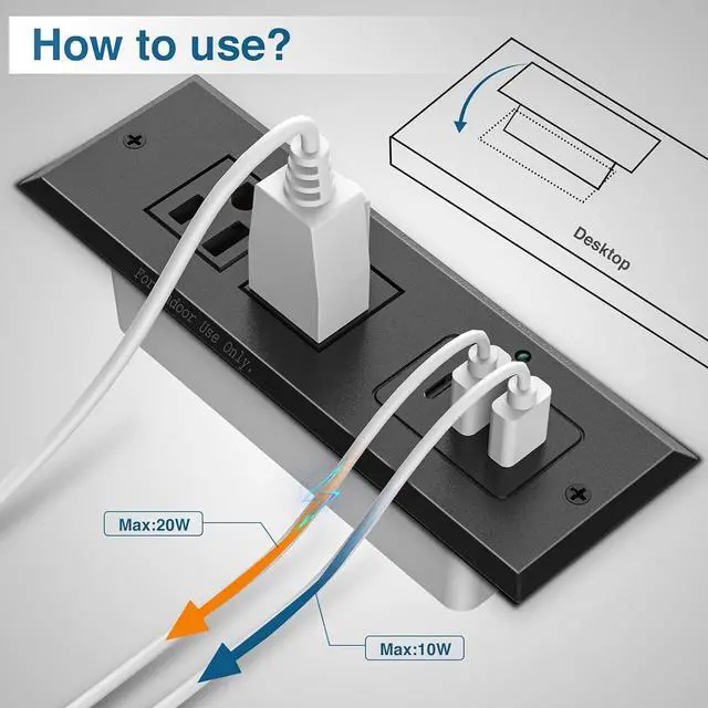 Alt view image 2 of 7 - Type-C Conference Recessed Power Strip Socket,20W PD Fast Charging USB-C Power Strip,with 2 Outlets & 2 USB-A Ports &1 USB-C Port, 6.5ft Extension Cord,Conference Table Hidden Outlet