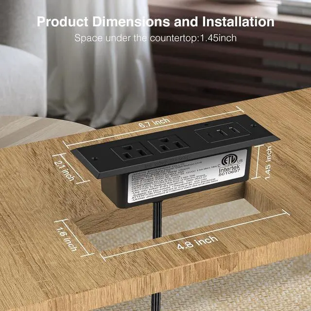 Alt view image 3 of 7 - Type-C Conference Recessed Power Strip Socket,20W PD Fast Charging USB-C Power Strip,with 2 Outlets & 2 USB-A Ports &1 USB-C Port, 6.5ft Extension Cord,Conference Table Hidden Outlet