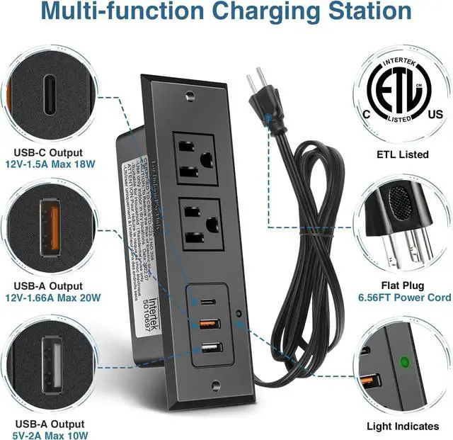 Alt view image 4 of 7 - Type-C Conference Recessed Power Strip Socket,20W PD Fast Charging USB-C Power Strip,with 2 Outlets & 2 USB-A Ports &1 USB-C Port, 6.5ft Extension Cord,Conference Table Hidden Outlet