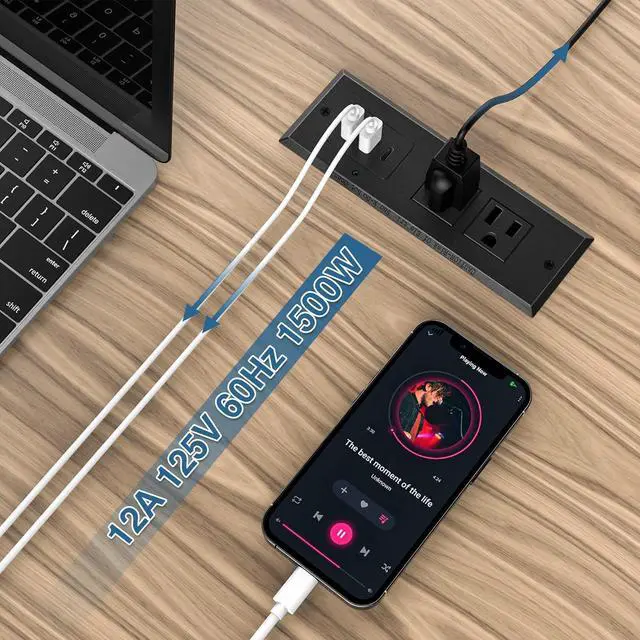 Alt view image 5 of 7 - Type-C Conference Recessed Power Strip Socket,20W PD Fast Charging USB-C Power Strip,with 2 Outlets & 2 USB-A Ports &1 USB-C Port, 6.5ft Extension Cord,Conference Table Hidden Outlet