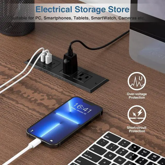 Alt view image 6 of 7 - Type-C Conference Recessed Power Strip Socket,20W PD Fast Charging USB-C Power Strip,with 2 Outlets & 2 USB-A Ports &1 USB-C Port, 6.5ft Extension Cord,Conference Table Hidden Outlet