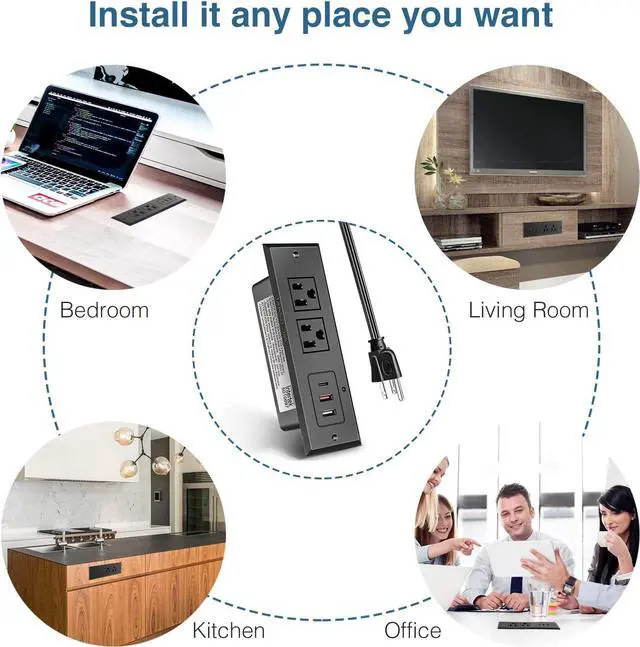 Alt view image 7 of 7 - Type-C Conference Recessed Power Strip Socket,20W PD Fast Charging USB-C Power Strip,with 2 Outlets & 2 USB-A Ports &1 USB-C Port, 6.5ft Extension Cord,Conference Table Hidden Outlet