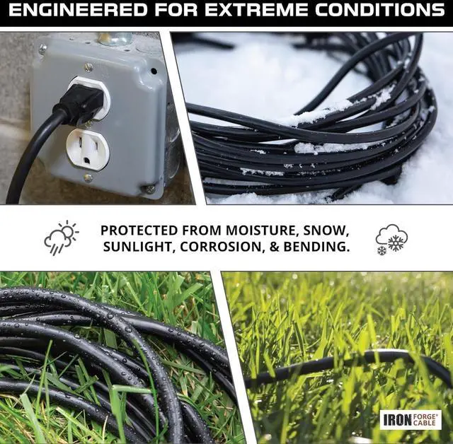 Alt view image 3 of 7 - Iron Forge Cable 3 Outlet Power Strip Outdoor Extension Cord 25 ft, 16/3 Heavy Duty Black Extension Cord with Multiple Outlets 3 Prong, Weatherproof Power Cable Multi Plugs for Outside, Lamp & Office