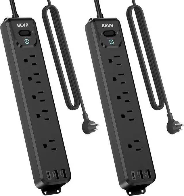 Main image of 2 Pack Surge Protector Power Strip, 10FT Long Extension Cord with 5 Widely Spaced Outlets 3 USB Ports (1 USB C Port), Flat Overload Protection, 900 Joules, Wall Mount for Home Office Dorm, ETL Listed