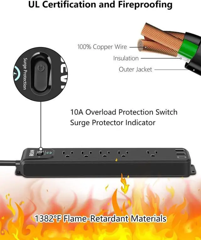 Alt view image 5 of 7 - 2 Pack Surge Protector Power Strip, 10FT Long Extension Cord with 5 Widely Spaced Outlets 3 USB Ports (1 USB C Port), Flat Overload Protection, 900 Joules, Wall Mount for Home Office Dorm, ETL Listed