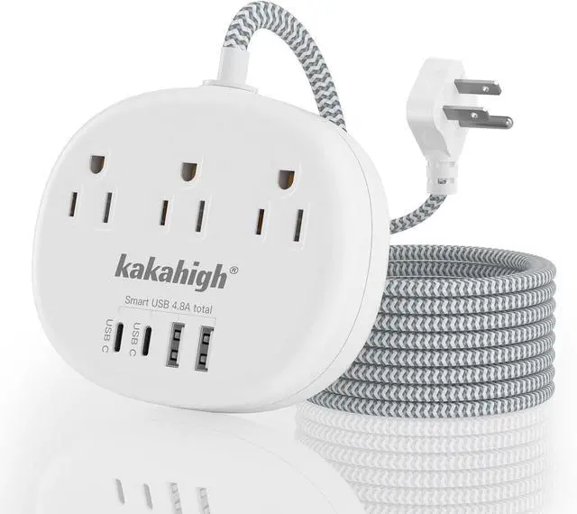 Main image of Small Extension Cord - Braided Extension Cord 10 Feet, 13 Amp (1625W) Power Strip with 3 AC Outlet 4 USB (24W/4.8A), College Dorm Room Essentials, White