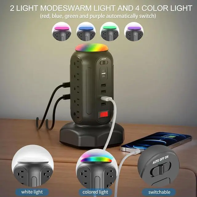 Alt view image 3 of 7 - Multiple Outlets Surge Protector, PD 30W Fast Charging Power Strip Tower with RGB Night Light, 15 AC Outlets Power Tower, 2 Type C and 4 USB Ports, 6.5FT Retractable Extension Cord Charging Station