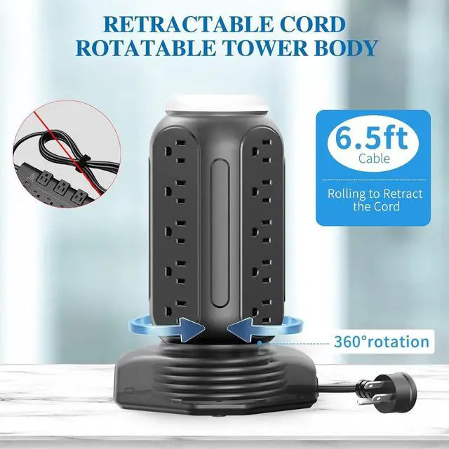Alt view image 5 of 7 - Multiple Outlets Surge Protector, PD 30W Fast Charging Power Strip Tower with RGB Night Light, 15 AC Outlets Power Tower, 2 Type C and 4 USB Ports, 6.5FT Retractable Extension Cord Charging Station