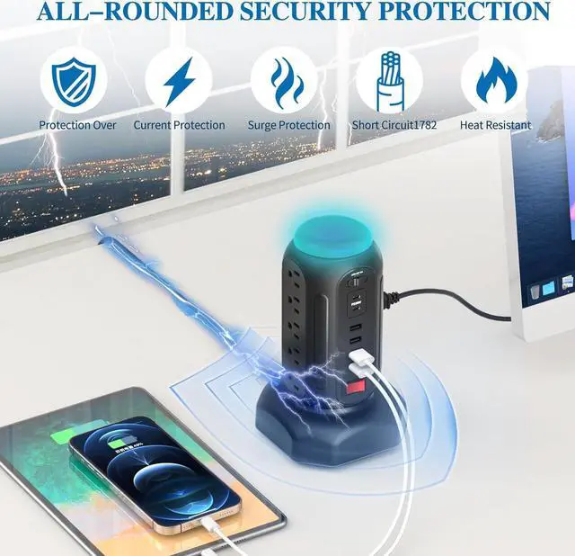 Alt view image 6 of 7 - Multiple Outlets Surge Protector, PD 30W Fast Charging Power Strip Tower with RGB Night Light, 15 AC Outlets Power Tower, 2 Type C and 4 USB Ports, 6.5FT Retractable Extension Cord Charging Station