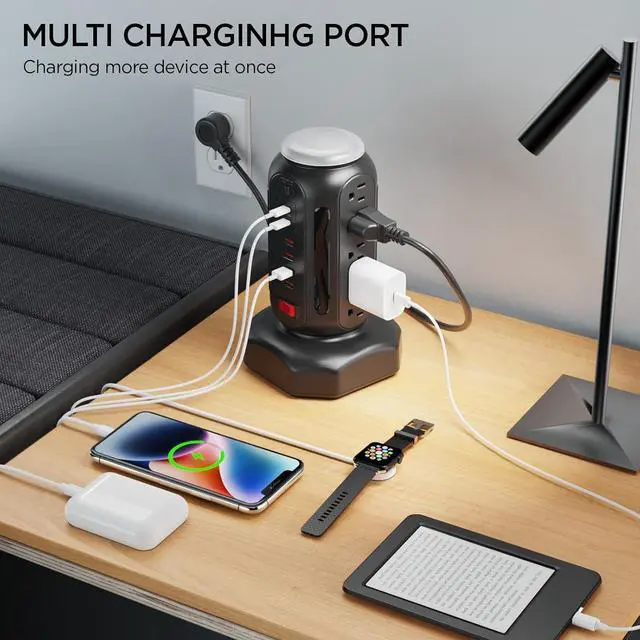Alt view image 7 of 7 - Multiple Outlets Surge Protector, PD 30W Fast Charging Power Strip Tower with RGB Night Light, 15 AC Outlets Power Tower, 2 Type C and 4 USB Ports, 6.5FT Retractable Extension Cord Charging Station