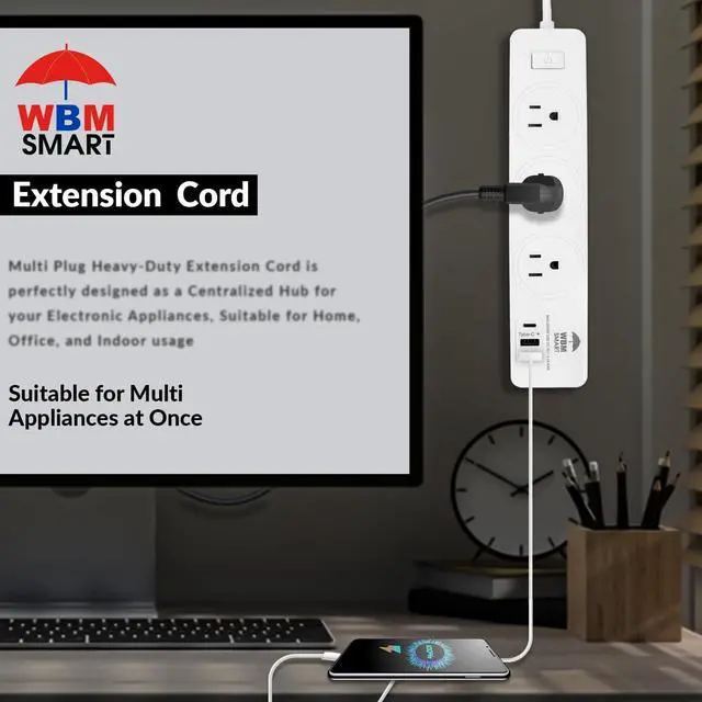Alt view image 3 of 7 - Power Strip 5.9 ft 10 A - Extention Cord Socket, Pack of 2 with 2 USB Ports and 1 Type C Plug, Multi Outlet Extender for Home, Office and Dorm Room