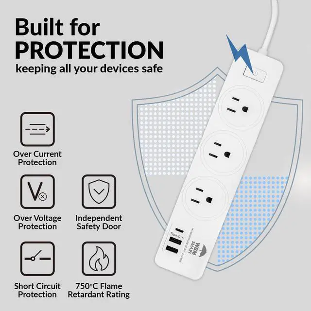 Alt view image 5 of 7 - Power Strip 5.9 ft 10 A - Extention Cord Socket, Pack of 2 with 2 USB Ports and 1 Type C Plug, Multi Outlet Extender for Home, Office and Dorm Room