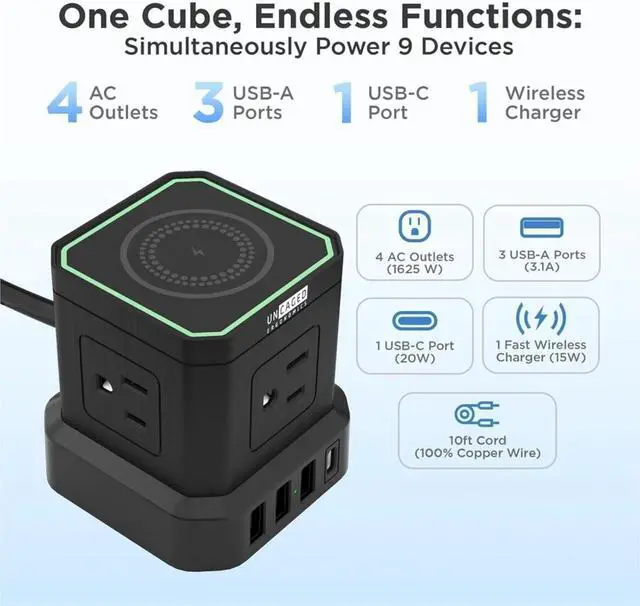 Alt view image 2 of 7 - Wireless Charger Cube Power Strip with USB Ports, Power Strips with Surge Protection, 10ft Extension Cord with Multiple Outlets, 4 Ac Plugs, 3 USB, 1 USB-C Fast Charging, Mountable On/Off Switch