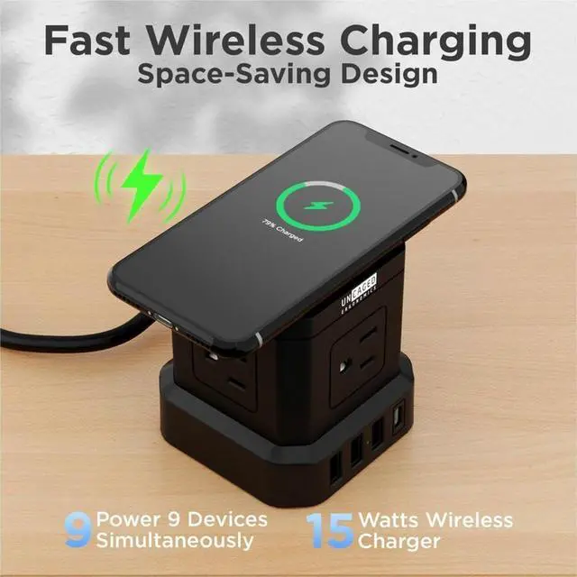 Alt view image 6 of 7 - Wireless Charger Cube Power Strip with USB Ports, Power Strips with Surge Protection, 10ft Extension Cord with Multiple Outlets, 4 Ac Plugs, 3 USB, 1 USB-C Fast Charging, Mountable On/Off Switch