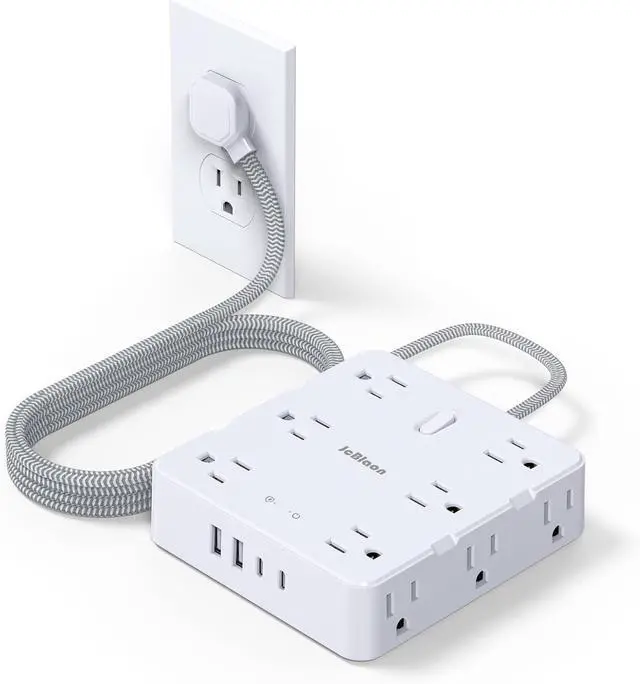Main image of Surge Protector Power Strip with USB Ports, 5Ft Braided Ultra Thin Flat Plug Extension Cord Power Strip with 3-Side 12 Widely Outlets, Wall Mount Overload Protection, Desk Charging Station